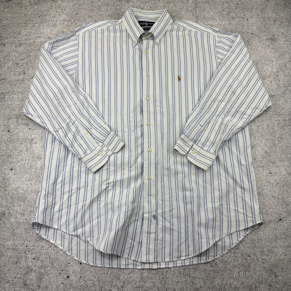 Vntg Polo Ralph Lauren Yarmouth 16.5 33 Button Down White Blue Stripe Flesh Pony